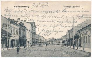 1908 Marosvásárhely, Targu Mures; Szentgyörgy utca, bor és sör csarnok, Ruha Ferenc bútorraktára, Nagy Sándor gyógyszertára, üzletek / street, beer and wine hall, shops, pharmacy (EK)