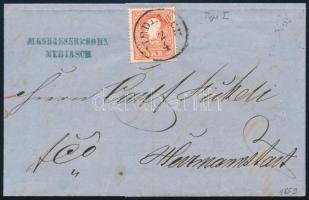 1859 5kr I. típus centrált élénk színű bélyeg teljes tartalmú levélen "MEDIASCH" - Hermannstadt, 1859 5kr type I. centered, lively colour, on cover with full content "MEDIASCH" - Hermannstadt