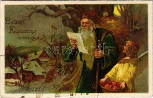 1932 Boldog Karácsonyi ünnepeket! Mikulás / Christmas greeting with Saint Nicholas. litho