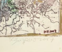 König (Kőnig) Róbert (1951-2014): Thüringiai krónika. Színezett rézkarc, papír,jelzett, 30x45 cm Üve...