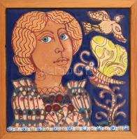 Stefániay Edit (1936 - ) Nő lepkével. Tűzzománc, 10x10 cm, kerettel 20x20 cm