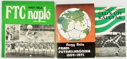 3 db FTC témájú könyv: Nagy Béla: Fradi futballkrónika 1899-1973; FTC napló 1967-1968; Vándor Kálmán: Üllői úti kapufák. Vegyes állapotban.