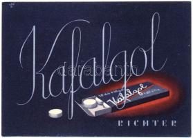 1950 A Richter gyógyszergyár által gyártott Kafalgol tabletta reklámnyomtatványa háború előtti art deco grafikával, szignózott Kun S., lapként elküldve, szép állapotban