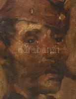 Olvashatatlan jelzéssel, XX. sz eleje: Kitüntetéssel dekorált katona arcképe. Olaj, vászon, sérült. ...