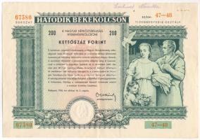Budapest 1955. Hatodik Békekölcsön - Tizedik Osztály nyereménykötvénye 200Ft értékben, szárazpecséttel T:F kisebb szakadás