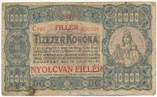 1923. 10.000K &quot;80 FILLÉR - NYOLCVAN FILLÉR&quot; felülbélyegzéssel, &quot;Magyar Pénzjegynyomda Rt.&quot; nyomdahely jelöléssel, piros sorozat-és sorszámmal &quot;C190 036506&quot; T:VG fo. Adamo K42