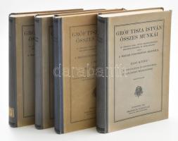 Gróf Tisza István összes munkái 4 kötete: 1. kötet (2. kiadás), 3. (2. kiadás) kötet., 4. sorozat: 2. és 4. kötet. Bp., 1924-1928, Franklin. Kiadói félvászon-kötések, kissé kopott borítóval, két kötetben régi bélyegzésekkel, ezek közül az egyikben aláhúzásokkal, bejelölésekkel.