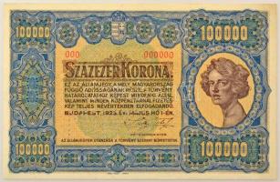 1923. 100.000K "Orell Füssli Zürich", "MINTA" perforációval, piros "000" számozással T:UNC,AU / Hungary 1923. 100.000 Korona "Orell Füssli Zürich", "MINTA" perforated, red "000" serial number C:UNC,AU Adamo K46M1a, Krause P#72