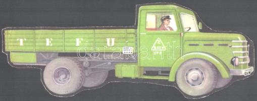 cca 1950 A TEFU vállalat Csepel teherautója, karton szemléltető eszköz, hátoldalon mágnessel, szép állapotban, 13×33 cm