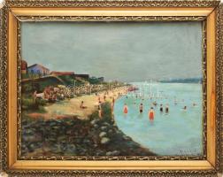 Korda Vince (1897-1979): Rómaifürdő, 1920-as évek. Olaj, karton, sérült. Kelezve jobbra lent. Dekoratív, sérült fakeretben. 49x67 cm. / oil on board, signed, damaged