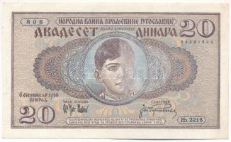 Jugoszlávia 1936. 20D nyomdahibás, halovány nyomat T:XF Yugoslavia 1936. 20 Dinara with faint print ...