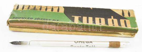 Omega Posta Toll, üveg toll, sérült, Turán ceruzás dobozban, h: 16,5 cm