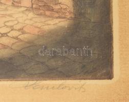 Paulovits Pál (1892-1975): Tabáni ház. Színezett rézkarc, papír, jelzett. Dekoratív, üvegezett faker...