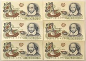 Svájc ~2000. Egyoldalas bankjegy tervezet névérték nélkül, &quot;Shakespeare&quot; előlapi tervezettel, a De La Rue bankjegynyomda kiadásában (6x) T:UNC,AU / Switzerland ~2000. One-sided test banknote without value, with &quot;Shakespeare&quot; as an obverse draft, made by the De La Rue banknote printing company (6x) C:UNC,AU