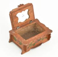 Antik kézzel festett tükrös fa ládika, kopással, 16x11 cm