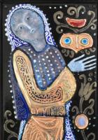 Ifj. Kátai Mihály (1935-): Gótikus szobor emlékek, kék kendős. Tűzzománc kép, képcsarnokos címkével,...