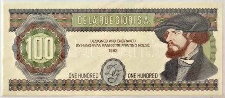 1983. 100 névértékű, a de La Rue cég számára készített un. 05-ös Próba Forma, Designed and engraved by Hungarian Banknote Printig House, Pénzjegynyomda Részvénytársaság karton mappában T:UNC / Hungary 1983. 100 denomination, made for the de La Rue company, the so called 05-ös Próba Forma, Designed and engraved by Hungarian Banknote Printig House in Pénzjegynyomda Részvénytársaság cardboard file T:UNC