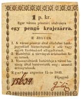 Eger 1849. 1kr kézi aláírással, "15634" sorszámmal T:F,VG fo., hátoldalán kevés ragasztószalag / Hungary / Eger 1849. 1 Krajczár necessity note (notgeld) hand signed, with "15634" serial number C:F,VG spotted, small tape on the back Adamo EGE-1.1