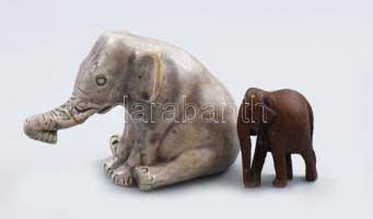 2 darab elefánt, kerámia (ragasztott), fa, m: 5-8,5 cm