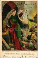 1907 Zrínyi Ilona hőstette Munkács várának védelmében 1688. Bilkei Dezső és Radovánovics János / Countess Ilona Zrínyi, heroic defender of Palanok Castle (Mukachevo) in 1688. Hungarian patriotic military art postcard. Globus Műintézet litho