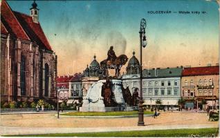 1916 Kolozsvár, Cluj; Mátyás király tér és szobor, Erdélyi Bank. Vasúti levelezőlapárusítás / square, statue, monument, bank (EK)