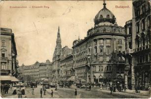 1911 Budapest VIII. Erzsébet körút (Blaha Lujza tér), villamosok, Takarékpénztár, üzletek (fa)