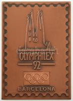 Spanyolország 1992. Olymphilex 92 Barcelona / Exposicion Mundial de Filatelia Olimpica y Deportiva (Olimpiai és Sportfilatéliai Világkiállítás) kétoldalas bronz emlékérem, bársony tasakban (71x51mm) T:AU