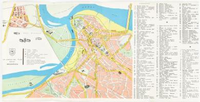 cca 1960-1970 Turist Express - Beograd, Jugoslavia / Belgrád térkép és idegenforgalmi tájékoztató, kihajtható prospektus, kihajtva: 48x19,5 cm