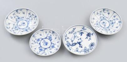 19. sz., Meissen stílusú máz alatti festéssel díszített csésze alátéttel, 4 db, kopással, jelzéssel