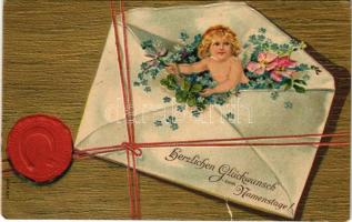 Herzlichen Glückwunsch zum Namenstage! / Name Day greeting art postcard. Floral, Emb. litho (b)