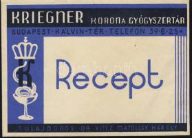 cca 1930 Kriegner Korona gyógyszártár receptboríték kiváló állapotban / Envelope for prescriptions