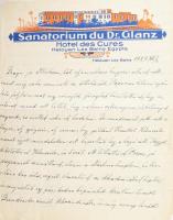 1929 Helouan les Bains (Heluan/Helvan, Egyiptom), Sanatorium du Dr. Glanz fejléces papírjára írt, magyar nyelvű levél