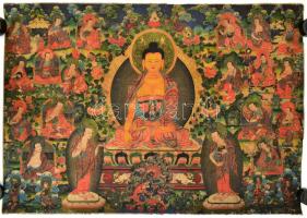 Thangka Sakjamuni Buddha ábrázolással Kína XX. sz közepe. Nyomat vásznon 61x90 cm Hátul foltos, kopott