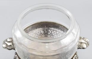 Nagy méretű üvegbetétes ezüstözött leves szervírozó, kopással, m: 38 cm