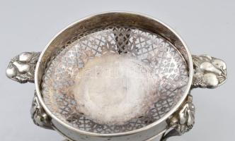 Nagy méretű üvegbetétes ezüstözött leves szervírozó, kopással, m: 38 cm