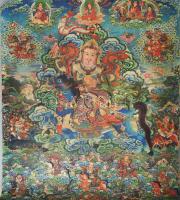 Thangka Geszer Kán ábrázolással Monggólia XX. sz közepe. Nyomat vásznon 75x90 cm