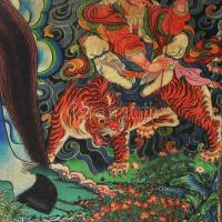 Thangka Geszer Kán ábrázolással Monggólia XX. sz közepe. Nyomat vásznon 75x90 cm