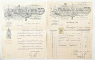 1907 Bp., Rétay és Benedek egyházi ruhák, szerek, társulati egyházi lobogók és zászlók gyára fejléces levél és számla (2 db), saját kezű aláírásokkal, 10f okmánybélyeggel