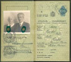 1937-1938 Magyar Királyság fényképes útlevele Laufer Béla mérnök és felesége, izraelita házaspár részére, osztrák, csehszlovák, svájci, német, francia bejegyzésekkel.