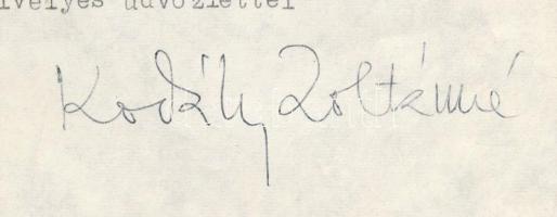Kodály Zoltánné Péczely Sarolta (1940-) autográf aláírása levélen