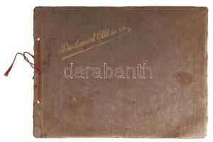 cca 1910 Budapest Albuma, 21 Budapesti látképet tartalmazó mappa, négy nyelvű (magyar, francia, angol, német) feliratokkal. Bp., Légrády, 21 t. Kiadói zsinórfűzött haránt-alakú papírkötés, kissé szakadt borítóval, kissé foltos.