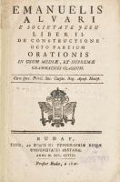 [Manuel Álvares (1526-1582)] Emanuelis Alvari: Liber II. De Constructione octo partium orationis in usum mediae, et supremae grammatices classium. Budae, 1798, Typ. Regiae Universitatis Pestanae, 192 p. Latin nyelven. Papírkötés, kissé foltos borítóval, régi intézményi bélyegzéssel, a borítón címkével.