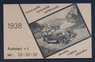 1938 Autotaxi R.T. reklámkártya nemzetközi tarifatáblával, naptárral / Taxi-card