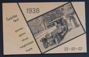1938 Autotaxi R.T. reklámkártya nemzetközi tarifatáblával, naptárral / Taxi-card