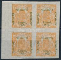 Szeged 1919 Hírlapbélyeg ívszéli négyestömb lemezhibákkal, Bodor vizsgálójellel