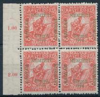 Szeged 1919 Hadisegély 10f ívszéli négyestömb, Bodor vizsgálójellel