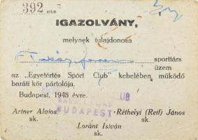 1948 Bp., &quot;Egyetértés Sport Club&quot; baráti kör pártolói igazolványa