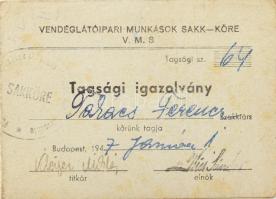 1947 Bp., Vendéglátóipari Munkások Sakk-köre (V.M.S.) tagsági igazolvány