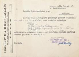 1948 Bp., a Zsigmondy Béla Rt. hídépítő vállalat levele a Danubia Fakereskedelmi Rt. részére, amelyben a Széchenyi Lánchíd helyreállítási munkálatainak ajánlattételéhez szükséges faanyagokra (gömbfa, faragottfa, stb.) kérnek árajánlatot. Fejléces papíron (a címben még "Horthy Miklós-út" szerepel), aláírással és bélyegzővel.