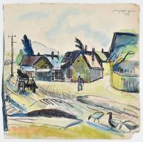 Nyergesi János (1895-1982): Élet az utcán, 1954. Tus, akvarell, papír, jelzett. Jobb alsó sarkában sérült. 29x29 cm